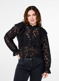 Pitsinen paitapusero röyhelöyksityiskohdilla, Black, Model