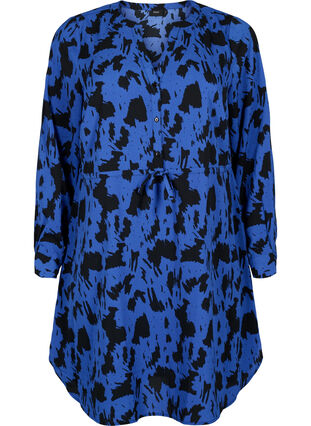 Zizzi Kuvioitu mekko, jossa on kiristysnauha vyötäröllä, Black Blue AOP, Packshot image number 0