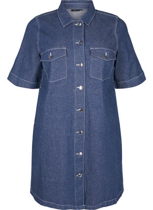 Zizzi Liituraitainen farkkumekko, jossa on rintataskut, Blue Denim Stripe, Packshot image number 0