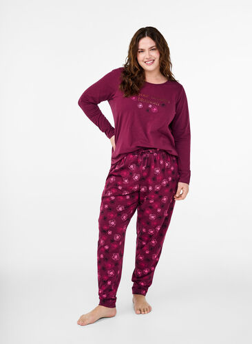 Zizzi Puuvillaiset pyjamahousut printillä, Fig Flower AOP, Model image number 0