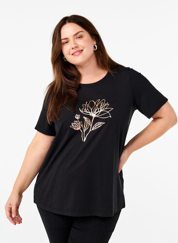 Zizzi FLASH – kuviollinen t-paita, Black R. Gold Flower, Model image number 0