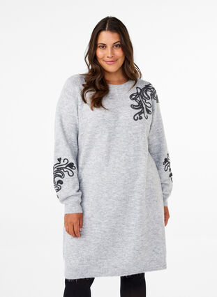 Zizzi Neulottu mekko koristeilla, Light Grey Melange, Model image number 0