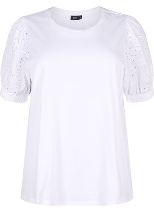 Zizzi Orgaanisesta puuvillasta valmistettu pusero, jossa on broderie anglaise -hihat, Bright White, Packshot image number 0