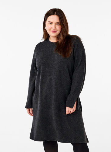 Zizzi Neulemekko pyöreällä kaula-aukolla ja halkiolla, Dark Grey Melange, Model image number 0