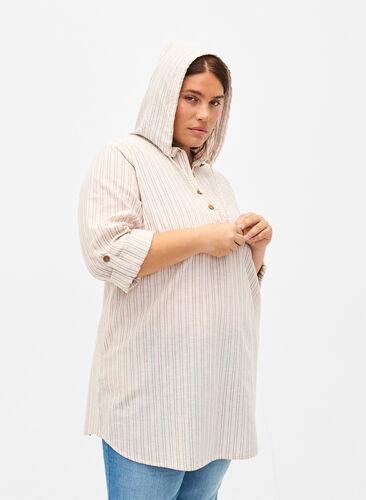 Zizzi Hupullinen tunika puuvillasta ja pellavasta, Wh. Sandshell Stripe, Model image number 0