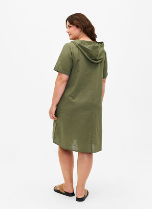 Puuvillan ja pellavan sekoitteesta valmistettu hupullinen mekko, Deep Lichen Green, Model image number 1