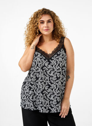 Zizzi Viskoosinen pitsitoppi, Black w. Wh.Leaf AOP, Model image number 0