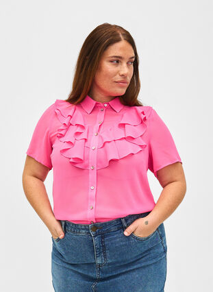 Zizzi Lyhythihainen röyhelöpusero, Pink Power, Model image number 0