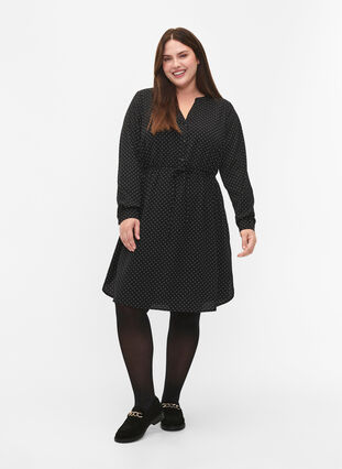 Zizzi Kuvioitu mekko, jossa on kiristysnauha vyötäröllä, Black Dot, Model image number 2