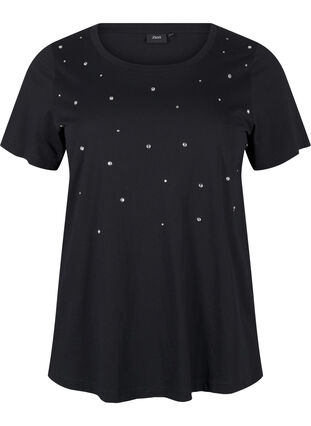 Zizzi Puuvillainen T-paita tekojalokivillä, Black, Packshot image number 0