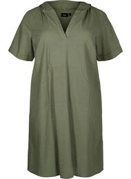 Puuvillan ja pellavan sekoitteesta valmistettu hupullinen mekko, Deep Lichen Green