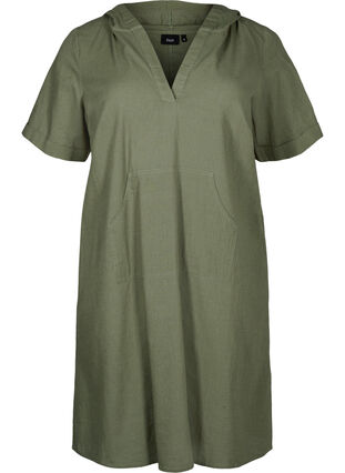 Puuvillan ja pellavan sekoitteesta valmistettu hupullinen mekko, Deep Lichen Green, Packshot image number 0