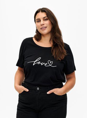 Zizzi Puuvillainen T-paita painatuksella, Black W. Love, Model image number 0