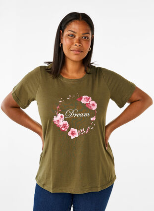 Zizzi FLASH – kuviollinen t-paita, Olive Night Flower, Model image number 0