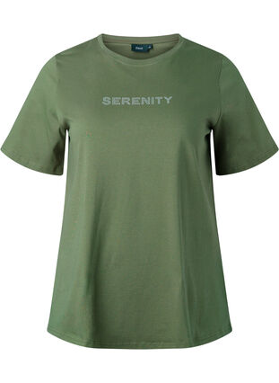 Zizzi Luomupuuvillasta valmistettu t-paita tekstillä, Thyme SERENITY, Packshot image number 0