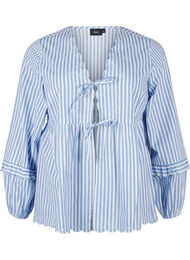 Raidallinen pusero, jossa on avoin etuosa ja kirjottuja yksityiskohtia, C. Blue White Stripe