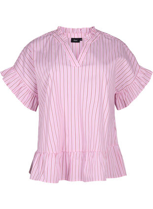 Zizzi Raidallinen pusero, jossa on peplum ja röyhelöitä, Pink Red Stripe, Packshot image number 0