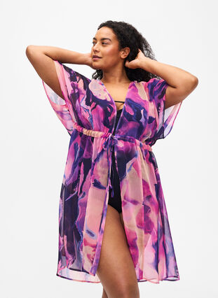 Zizzi Painokuvioitu rantakimono, Purple Swirl, Model image number 0