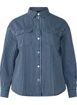 Zizzi Raidallinen farkkupaita, jossa on rintataskut., Blue Denim Stripe, Packshot image number 0