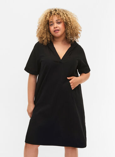 Zizzi Puuvillan ja pellavan sekoitteesta valmistettu hupullinen mekko, Black, Model image number 0