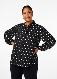 Pistekoristeinen paita röyhelöillä, Black W. White Dot, Model