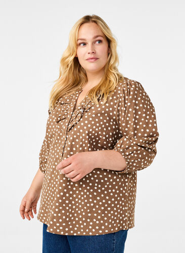 Zizzi Pilkullinen puuvillapusero 3/4-hihoilla, Coca Mocha Dot , Model image number 0