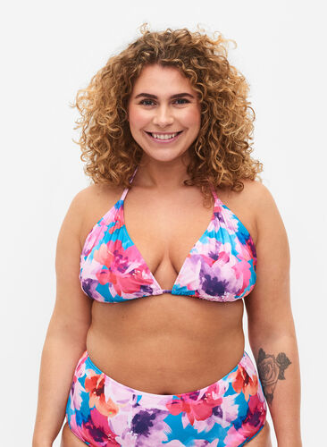 Zizzi Kolmiomallinen bikiniyläosa printillä, Pink Flower, Model image number 0