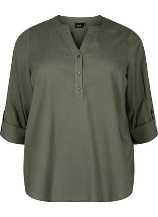 Zizzi Puuvillainen paitapusero v-aukolla, Thyme, Packshot image number 0