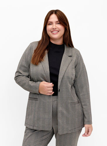 Zizzi Ruudullinen bleiseri napilla, Beige Brown Check, Model image number 0