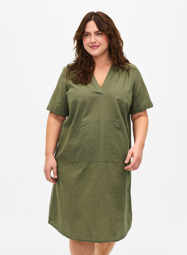 Puuvillan ja pellavan sekoitteesta valmistettu hupullinen mekko, Deep Lichen Green, Model image number 0