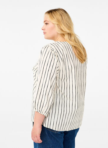 Zizzi Raidallinen puuvillapusero 3/4-hihoilla, Eggnog Black Stripe, Model image number 1