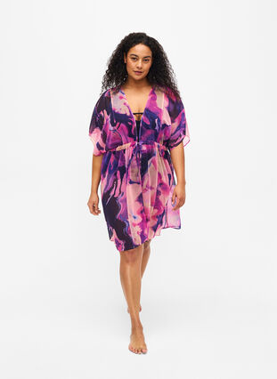 Zizzi Painokuvioitu rantakimono, Purple Swirl, Model image number 2