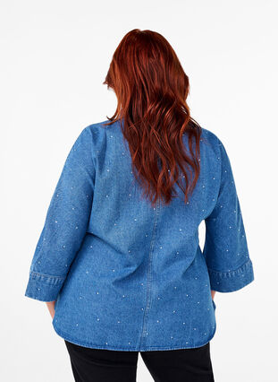 Zizzi Farkkupaita tekojalokivillä ja 3/4-pituisilla hihoilla, Bl. Denim Rhinestone, Model image number 1