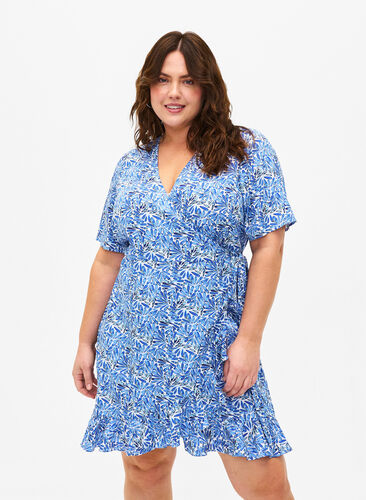 Zizzi Flash – Lyhythihainen kietaisumekko, White Blue AOP, Model image number 0