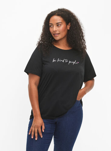 Zizzi FLASH – kuviollinen t-paita, Black Be Kind, Model image number 0