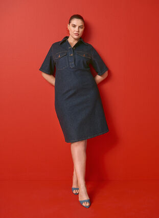 Zizzi Farkkumekko, jossa on lyhyet hihat ja rintataskut, Dark Blue Denim, Image image number 0