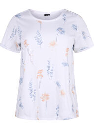 Kukkakuvioitu T-paita luomupuuvillaa, White W. Blue flower