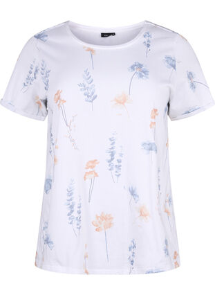 Zizzi Kukkakuvioitu T-paita luomupuuvillaa, White W. Blue flower, Packshot image number 0