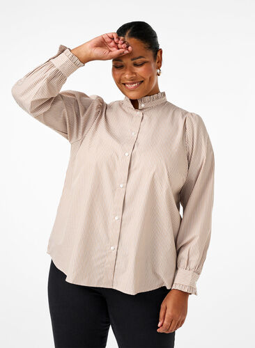 Zizzi Raidallinen paitapusero röyhelöillä, Silver Mink Stripe, Model image number 0