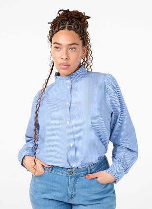 Zizzi Raidallinen paitapusero röyhelöillä, Princess Blue W. St., Model image number 0