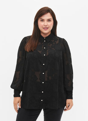 Zizzi Jacquard-paita helminapeilla, Black, Model image number 0