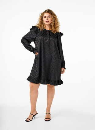 Zizzi Jacquard-mekko pitkillä hihoilla ja röyhelöillä, Black, Model image number 2