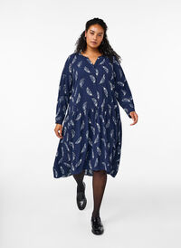 Midi-mekko pitkillä hihoilla, Navy B. Feather AOP, Model