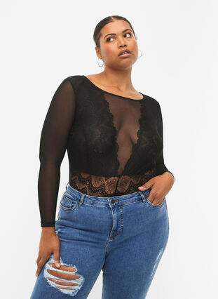 Zizzi Verkkokankankainen body koristeellisella pitsillä, Black, Model image number 0