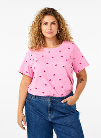 Orgaanisesta puuvillasta valmistettu T-paita, jossa on kirjaillut huulet, Rose Bl. Lips Emb. , Model