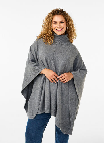 Zizzi Poncho korkealla kauluksella, Medium Grey Melange, Model image number 0