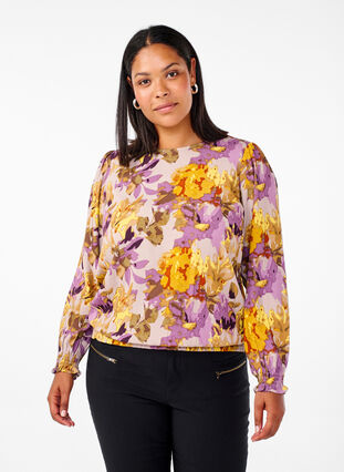 Zizzi Smock-pusero kukkakuviolla, Purple Flower, Model image number 0