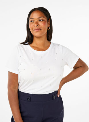 Zizzi Puuvillainen T-paita tekojalokivillä, Bright White, Model image number 0