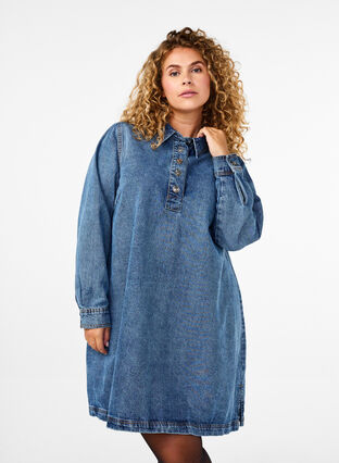 Zizzi Lyhyt farkkumekko, jossa on A-linja ja pitkät hihat, Blue Denim, Model image number 0