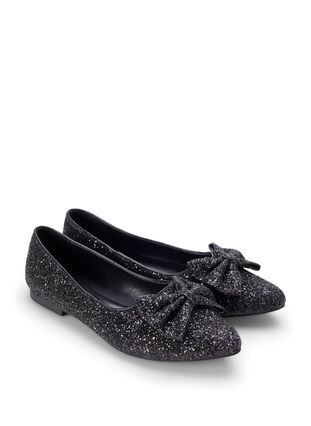 Zizzi Leveänmalliset kimaltelevat ballerinat rusetilla, Black, Packshot image number 1